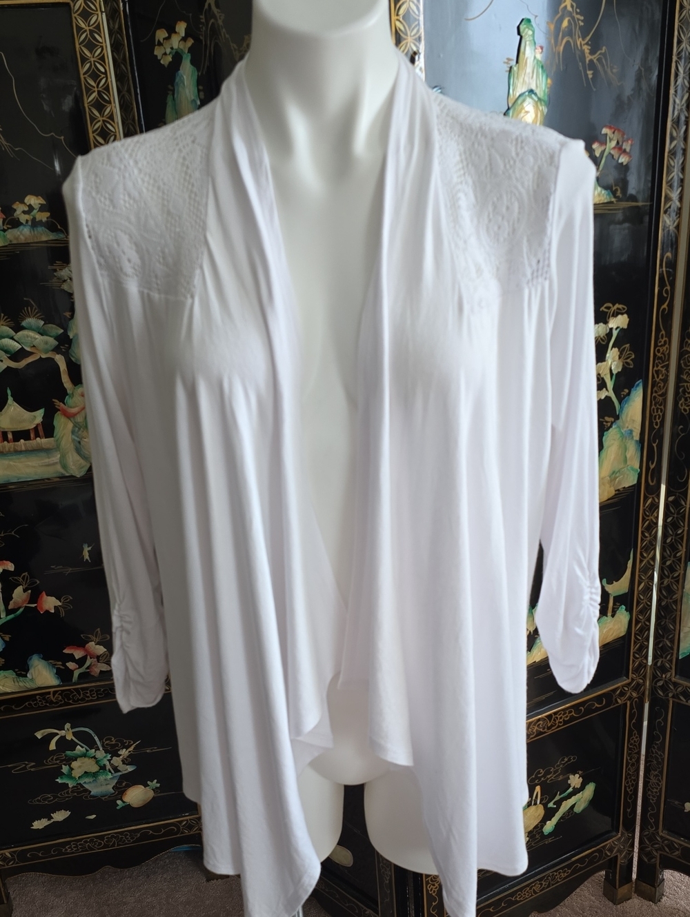 NY Collection White Draped Lace-Shoulder  Cardigan